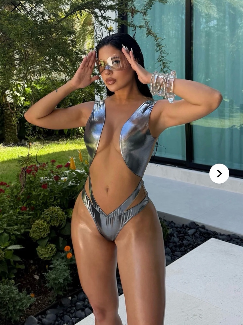 Fashion Nova Metallic Silver Cutout Monokini